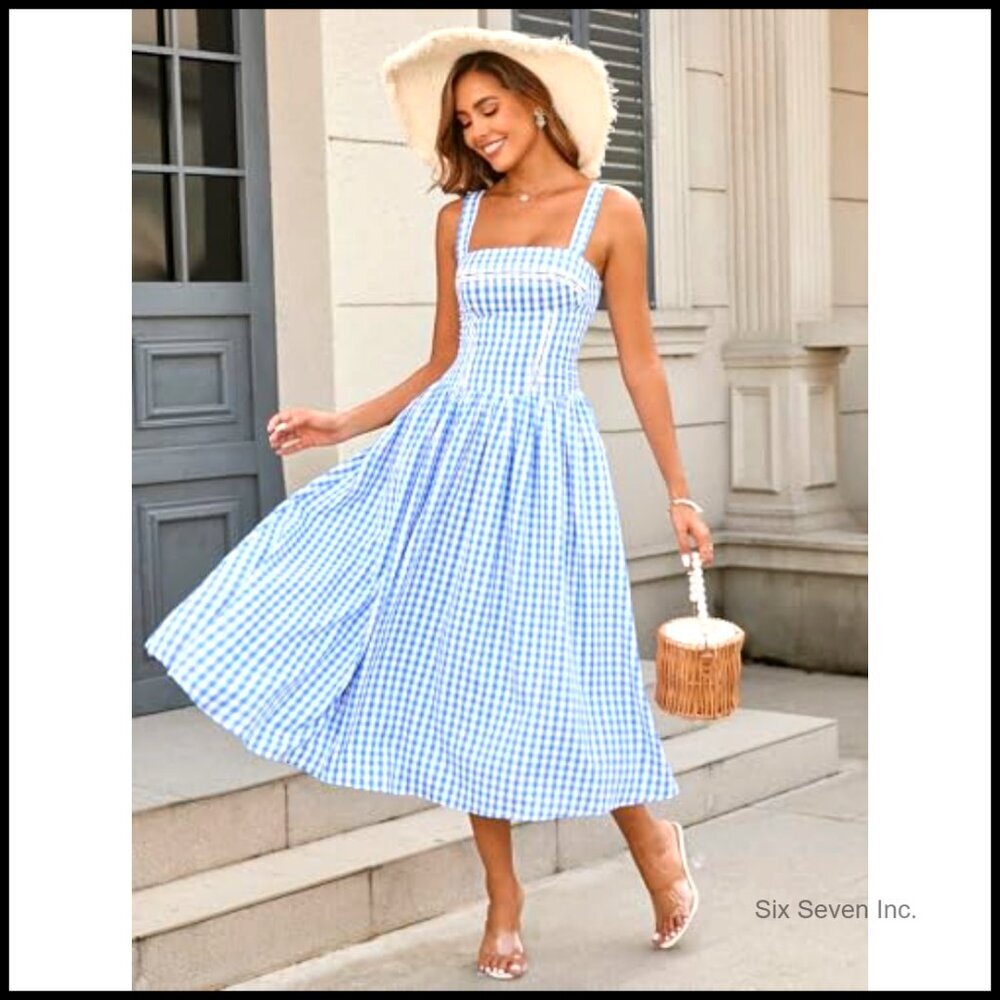 Corset Midi Dress Flowy Square Neck Sleeveless Lace Wedding Guest with Pockets - Picture 2 of 7